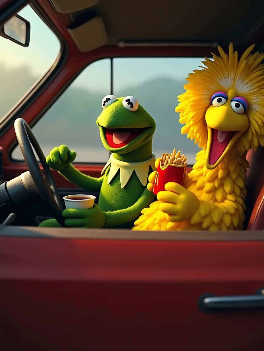 Kermit the frog and big bird are riding in the car. Kermit is driving and big bird is sitting in the back. Kermit is drinking a cup of tea while he drives and big bird is eating a happy meal from McDonald's.