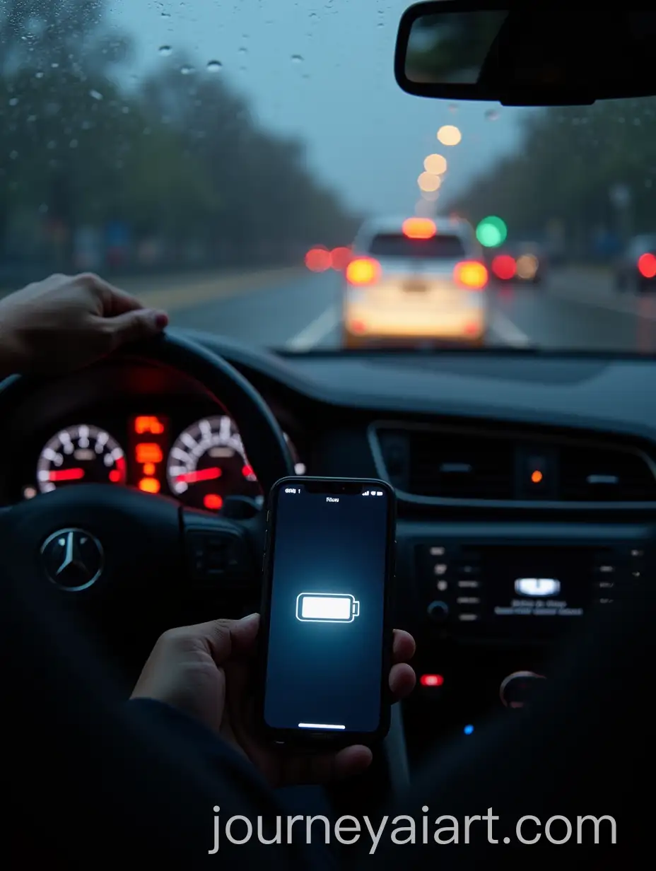 Low-Battery-Notification-in-Car-Cup-Holder-with-City-Lights-and-RainSpeckled-Windshield