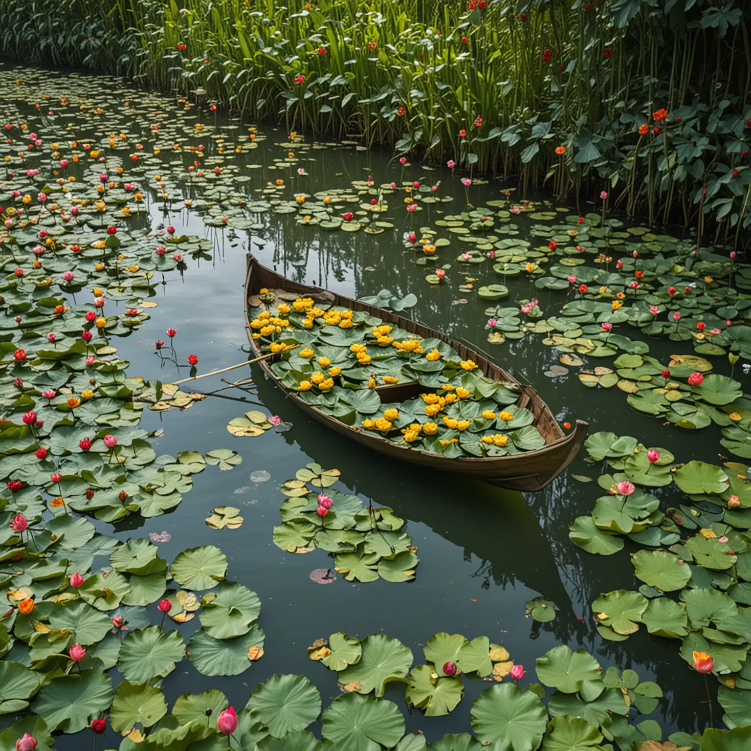 Leafshaped-Boat-Sailing-Through-Lotus-Pond