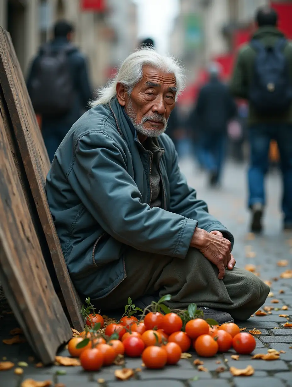 Elderly-Chinese-Man-in-Worn-Clothes-Amidst-Fallen-Fruits-and-Vegetables