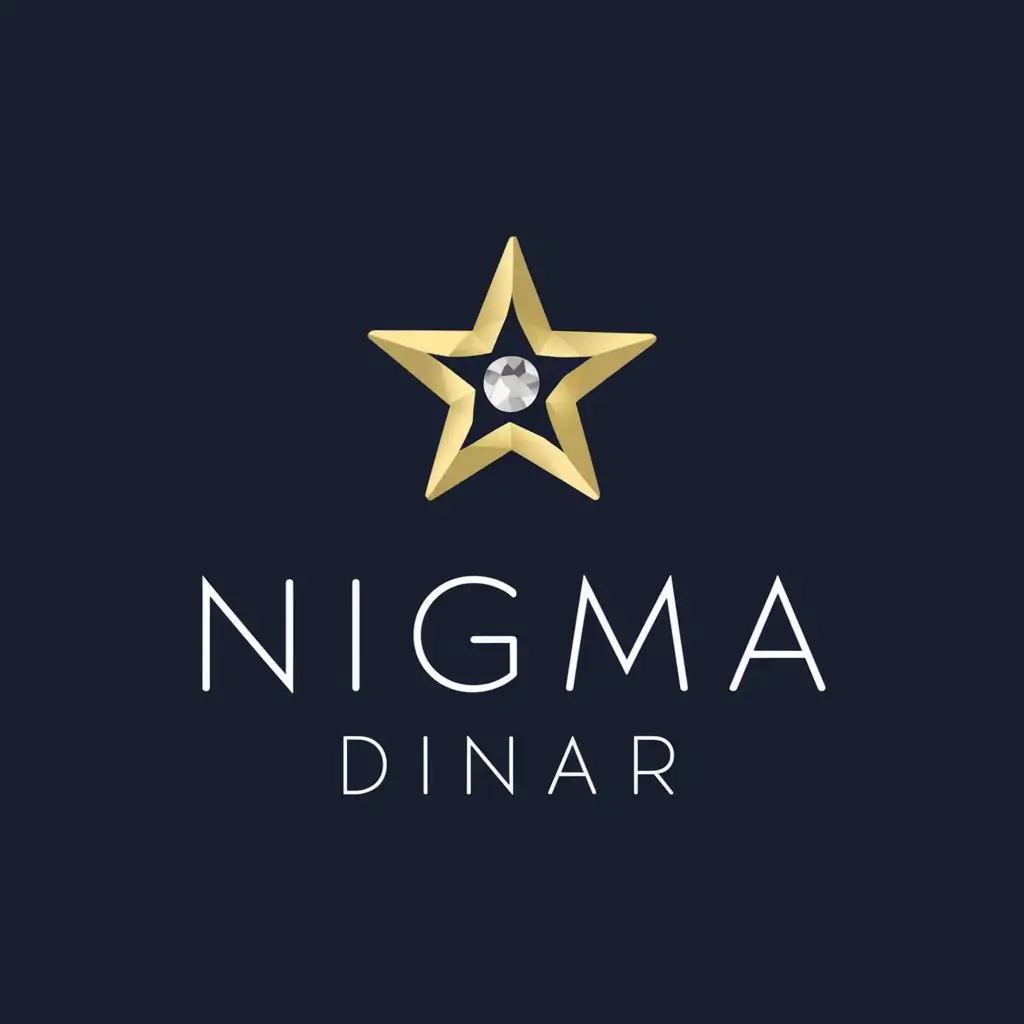 a vector logo design,with the text "Nigma Dinar", main symbol:Use a gold star with a center resembling a gemstone. Colors: gold and dark blue. Text 'Nigma Dinar' should be modern: 'Nigma' - thin font, 'Dinar' - bold.,Moderate,clear background