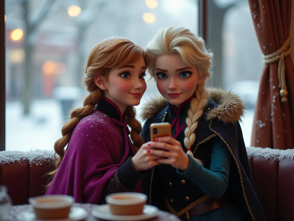 Elsa and Anna take selfies in a café. Winter outside the window