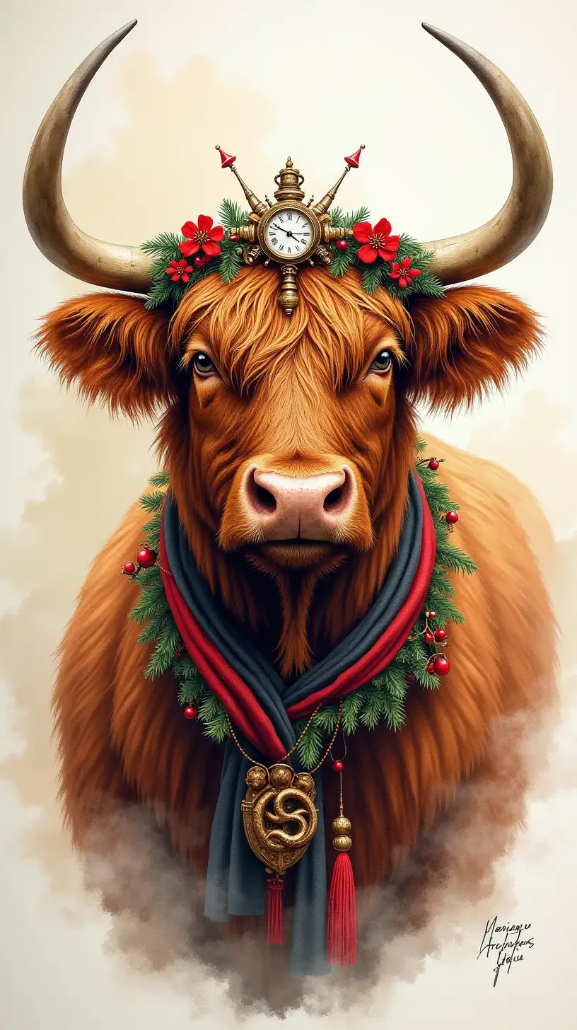 a hyperrealistic  Steampunk Highland cow with Holiday theme. He has a regal appearance and a steampunk element. the background having a mix of alcohol ink and watercolor.