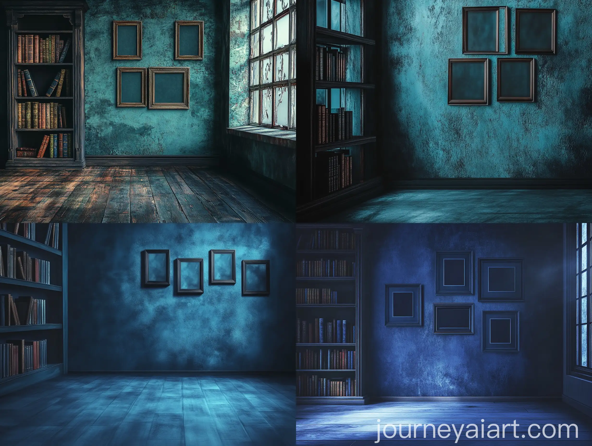 Melancholic-Room-with-Bookshelf-and-Empty-Frames