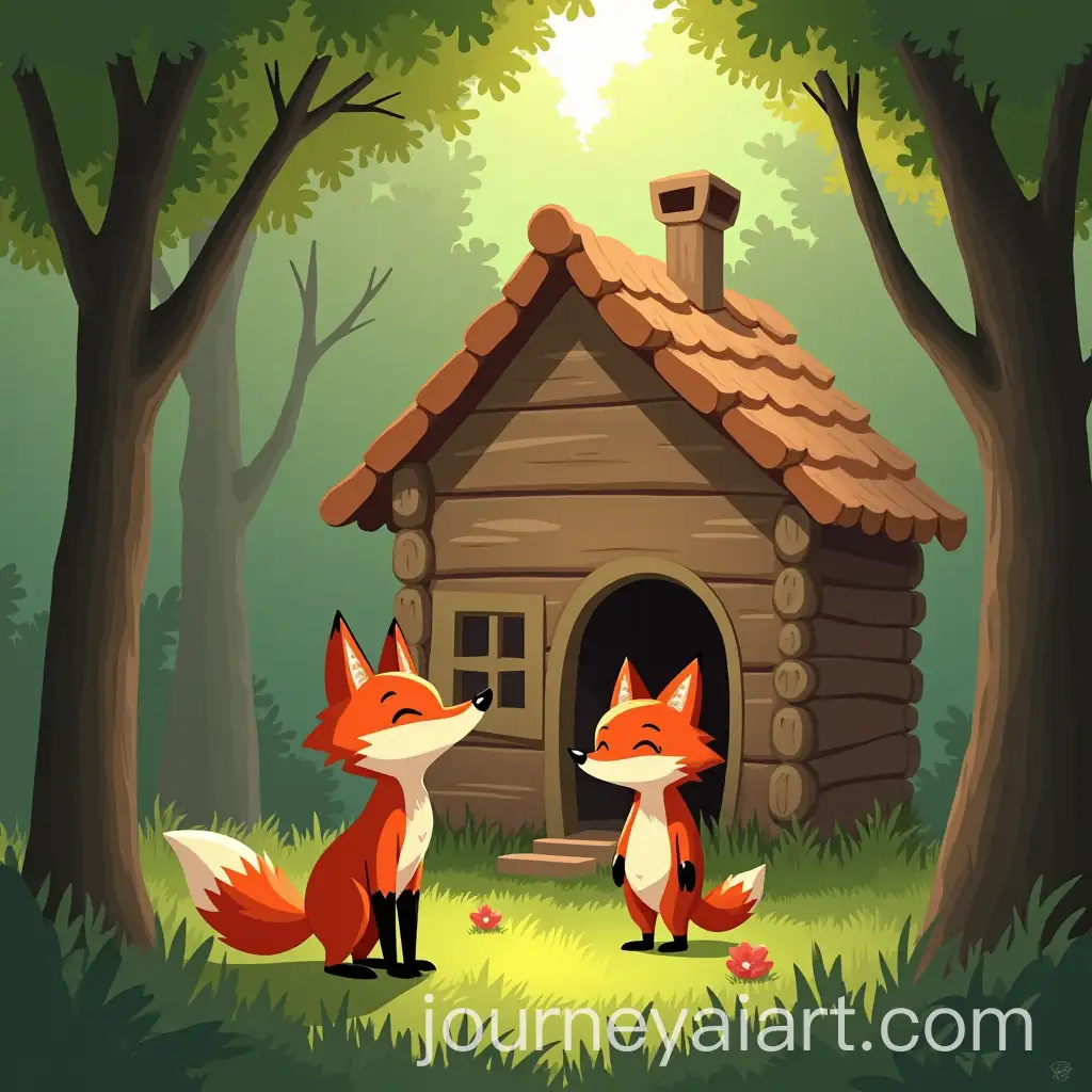 Little-Boy-Fox-with-Parents-in-Wooden-House-in-Green-Forest