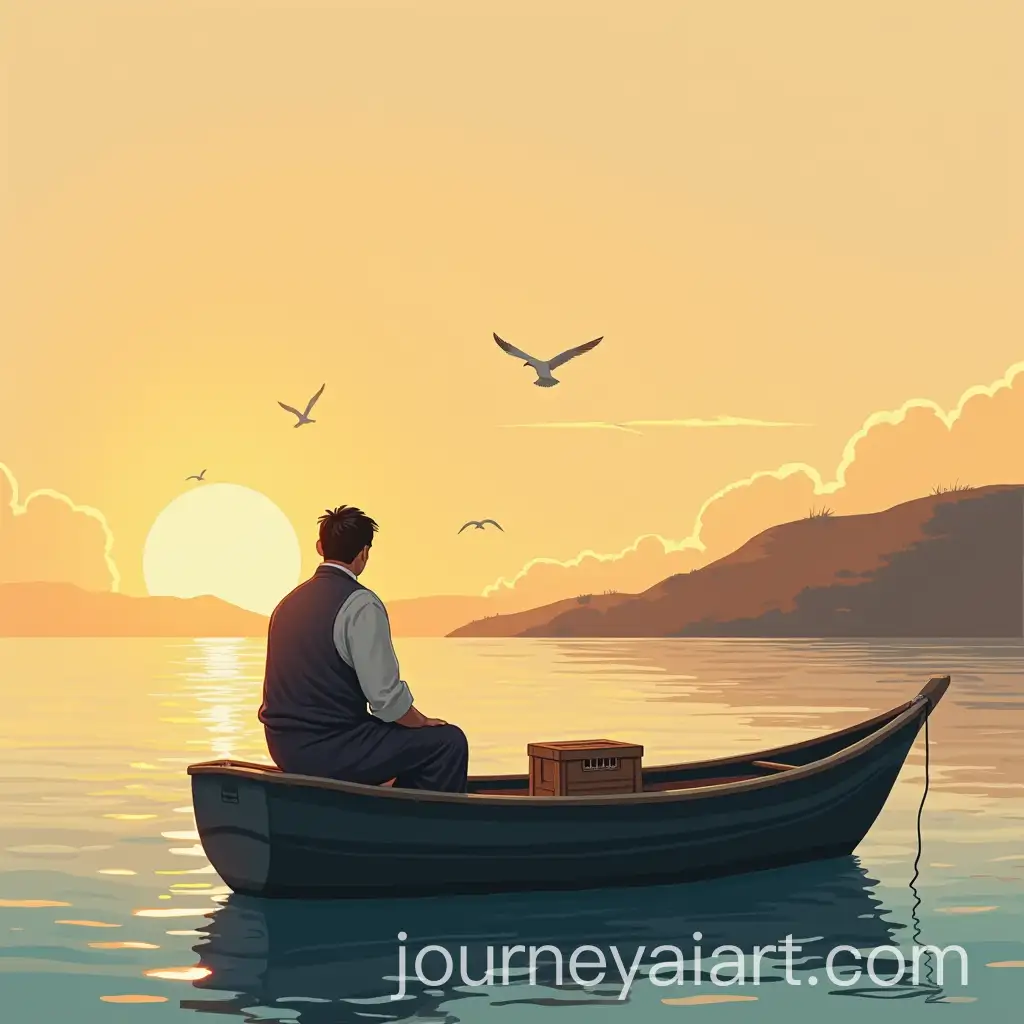 Serene-Sunset-Fishing-Scene-with-Fisherman-on-Small-Boat
