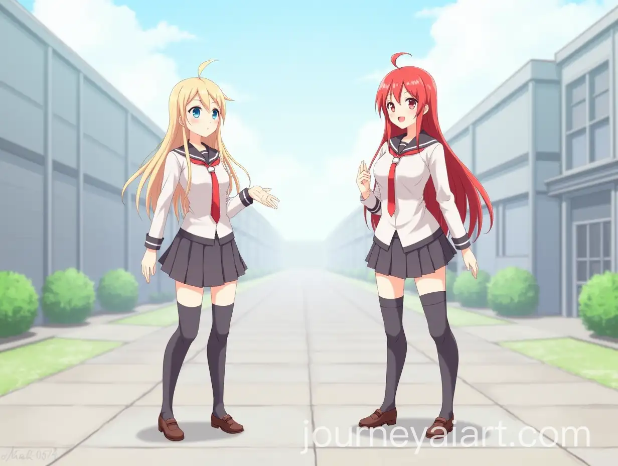 Blond-Girl-in-School-Uniform-with-Scarlet-Hair-in-Schoolyard-TPose