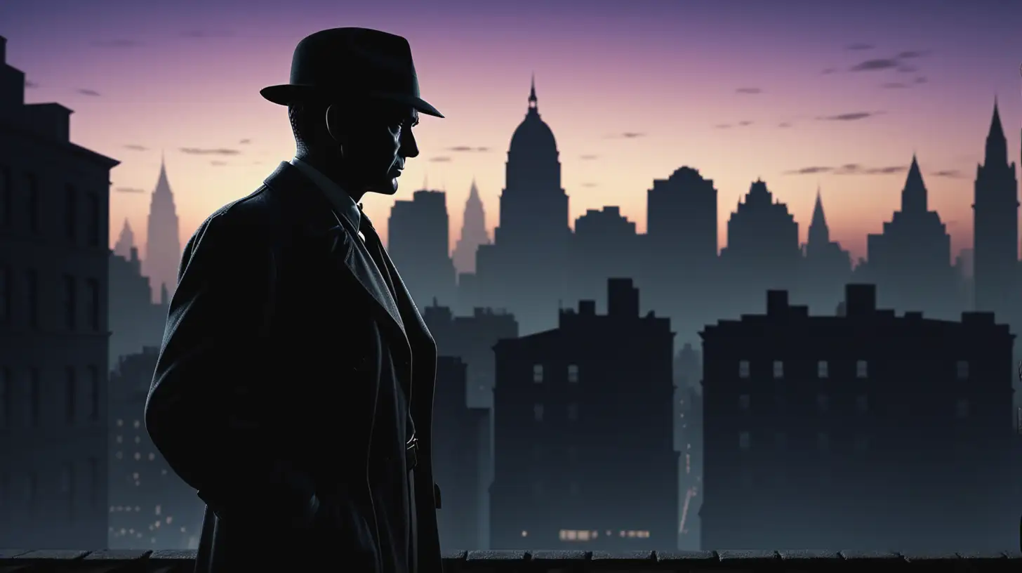 Silhouette of a 1945 detective against a twilight city background, facing to the side. Photo-realistic, cinematic lighting.