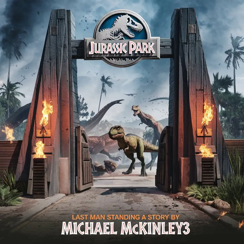 Make a cool E book cover for a story called Jurassic Park: Last Man Standing by @MichaelMcKinley3. Show the famous tall wooden gates with the fire torches burning on the sides. The park looks like it is in chaos with dinosaurs running loose.