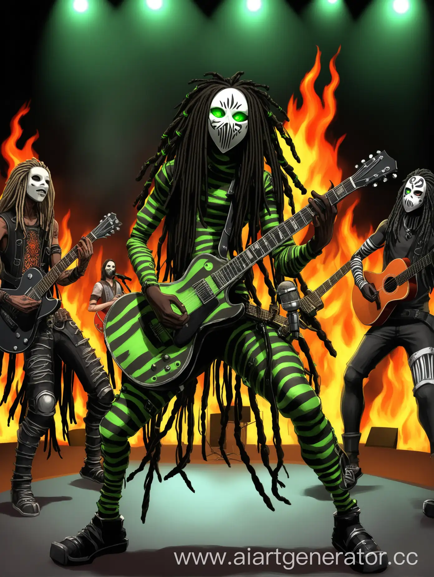 Rebel-Performers-with-Prosthetics-and-Dreadlocks-on-Stage-Singing-with-Guitar-and-Microphone