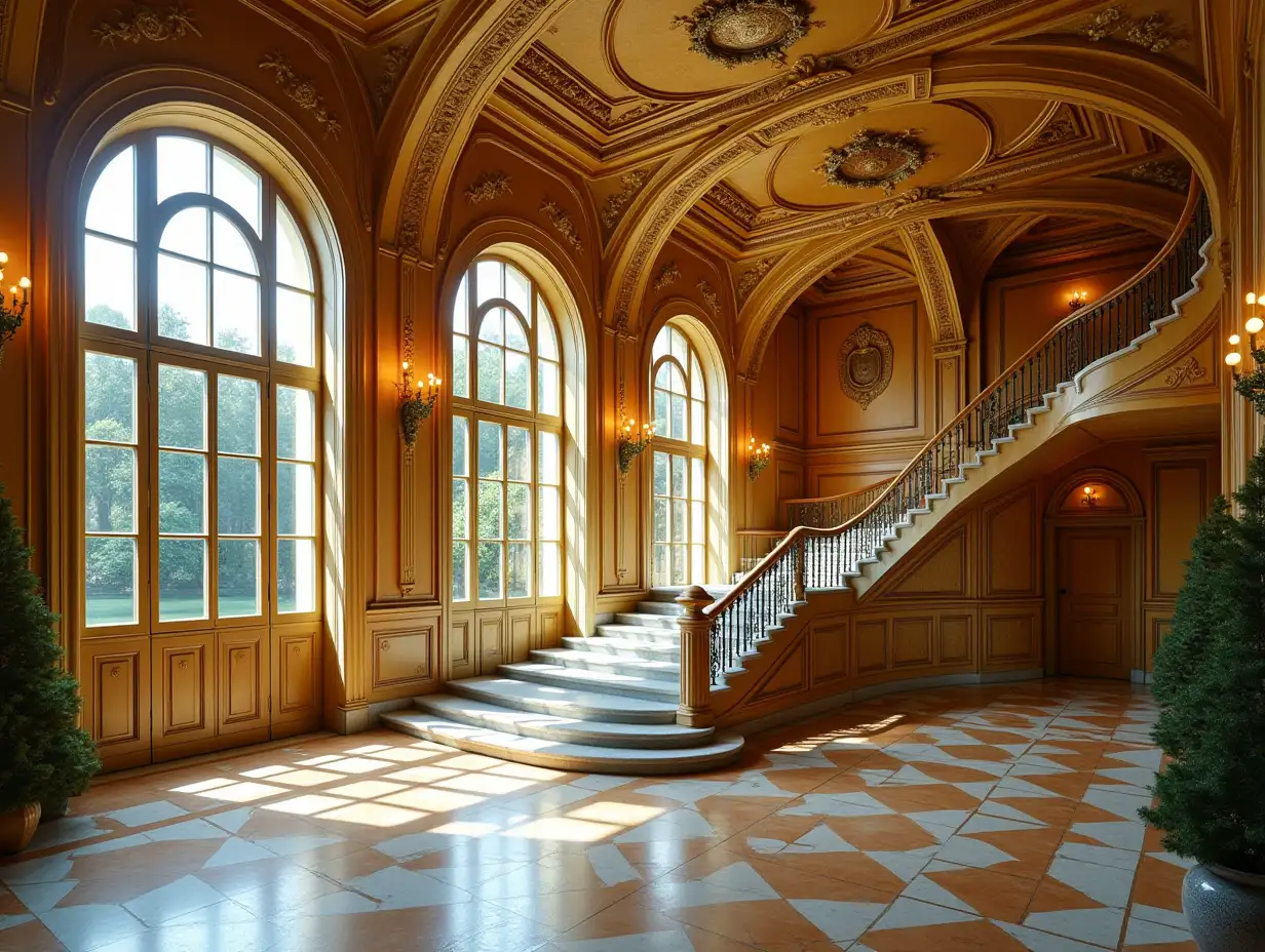 Krummhaus, Garten Gepflanzt-rein, with gilded stucco, large windows with glass closed, curved, smooth window shapes, winding grand entrance staircase of marble, complex angular roof with pond, lanterns, bank of gold, orange tree 4K resolution color wide-angle shots