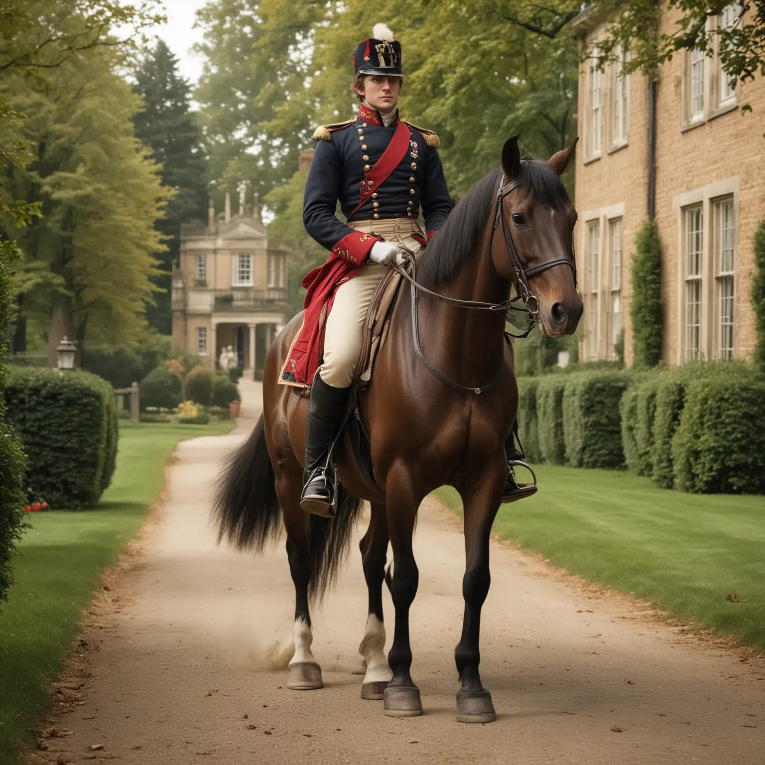 A young man in 1815 England, rides his horse down the driveway to his mansion, he is an officer in the army.