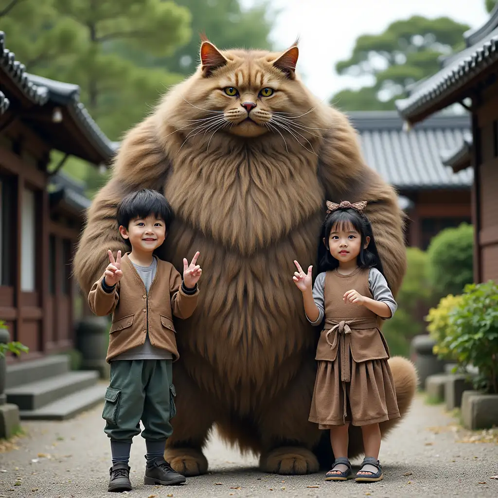 Super-Giant-Maine-Coon-Cat-with-Young-Samurai-Kids-in-Japanese-Garden