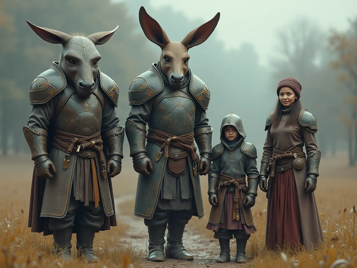 Ki-Fantasy family,Man,Woman, and Children, giant donkey face and with glass and stone armor equipment