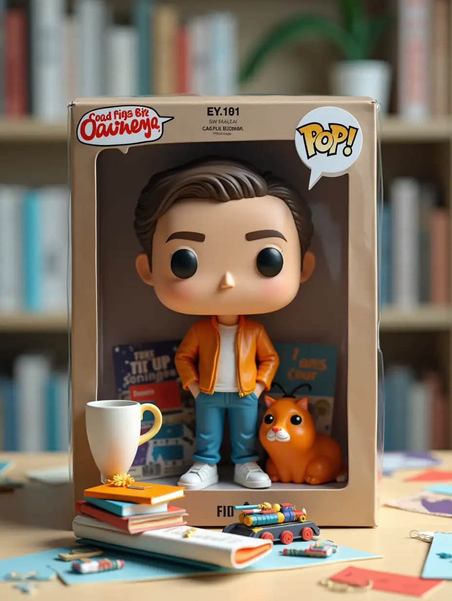 Create a photo-realistic collection figure of a person in a photograph. The figure must be in full size and fit into a transparent plastic box with a colorful paper background, like real collectible toys. Make the packaging as realistic as possible - shiny plastic, compartments for items and design in the style of a toy store.nnOn the box, write the brand 'Coach of Big Change'. The packaging atmosphere will be: joy and success.nnPlace accessories next to the figure: a diploma, a cup, books, a train, an orange cat.nnMake the figure in the style of Funko Pop.