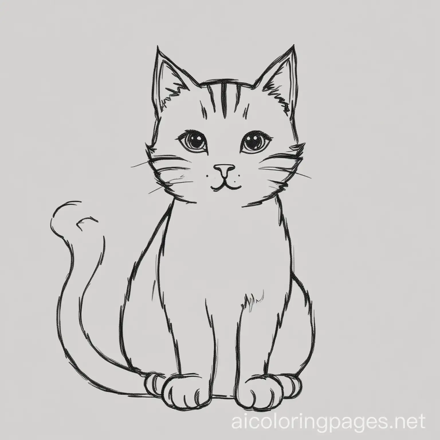 cat coloring page, Coloring Page, black and white, line art, white background, Simplicity, Ample White Space. The background of the coloring page is plain white to make it easy for young children to color within the lines. The outlines of all the subjects are easy to distinguish, making it simple for kids to color without too much difficulty