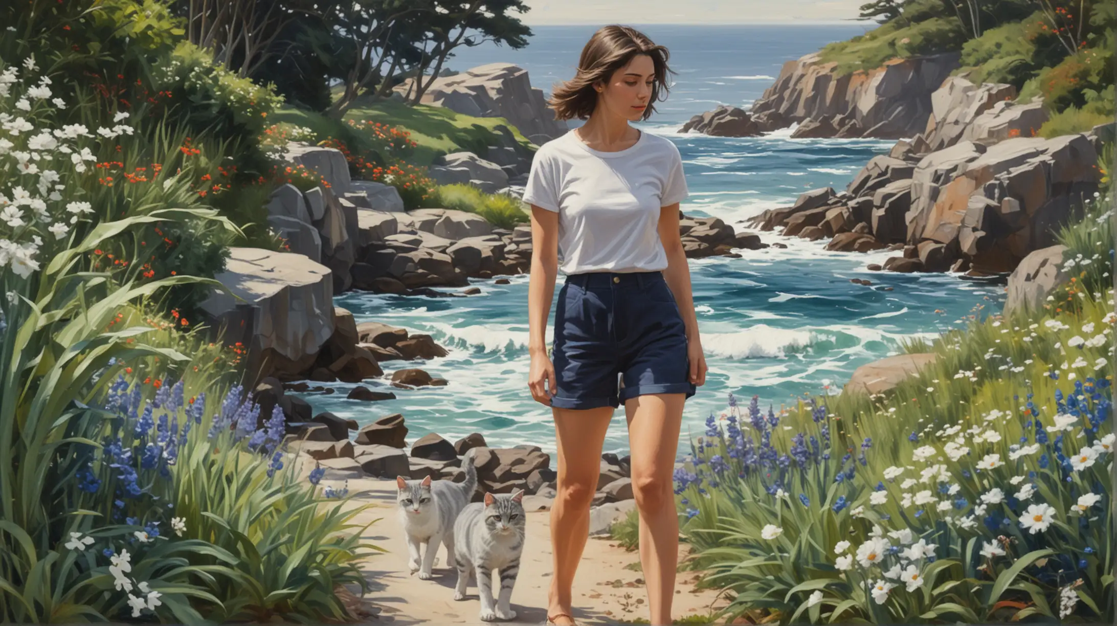 Impressionist Garden Stroll Woman in Navy Blue Shorts with Cats