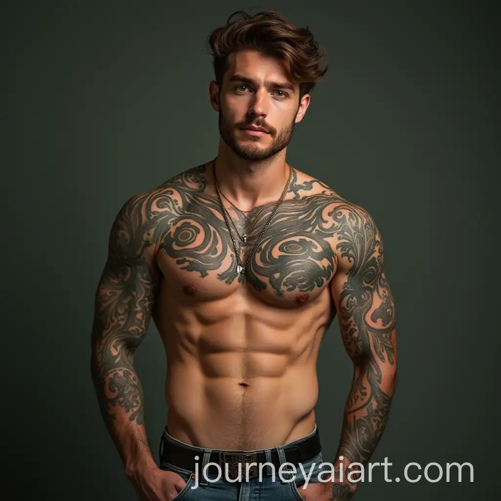 Tattooed-Male-with-Brown-Hair-and-Green-Eyes-in-Portrait