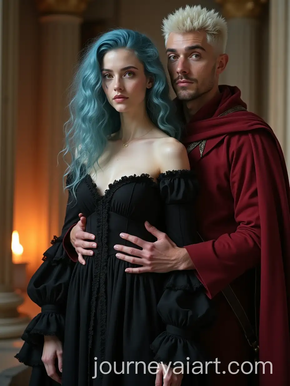 Fantasy-Couple-in-a-Gothic-Cathedral-Hall-with-Magic-Lighting