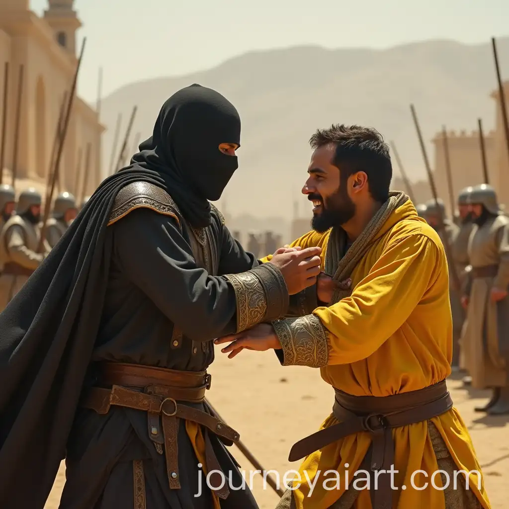 Medieval-Arab-Warriors-Engaged-in-Combat-Black-vs-Yellow-Attire