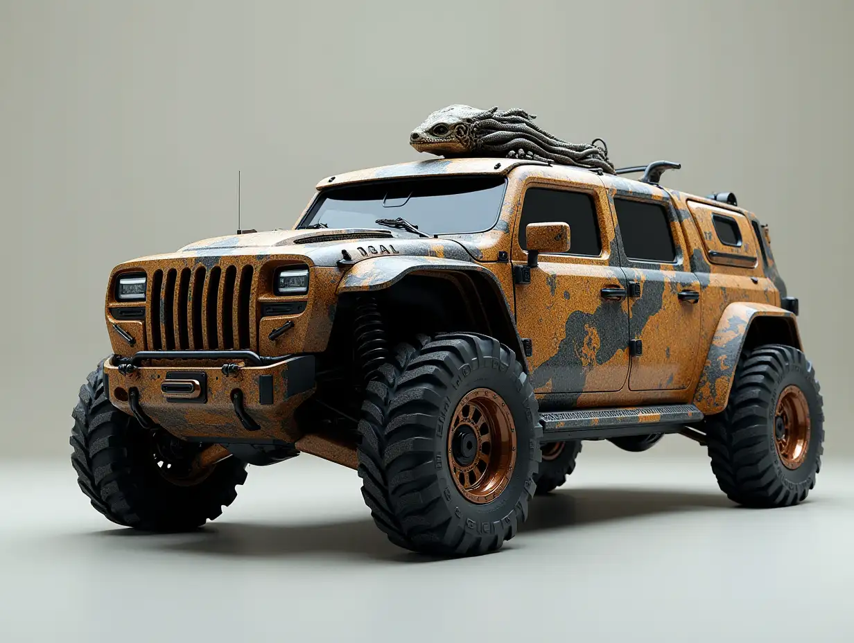 a supermodern utopian sportsomnibus with lowered body with Predator head, aluminum wheels, wide tires, brown and black camouflage pattern, Science-Fiction