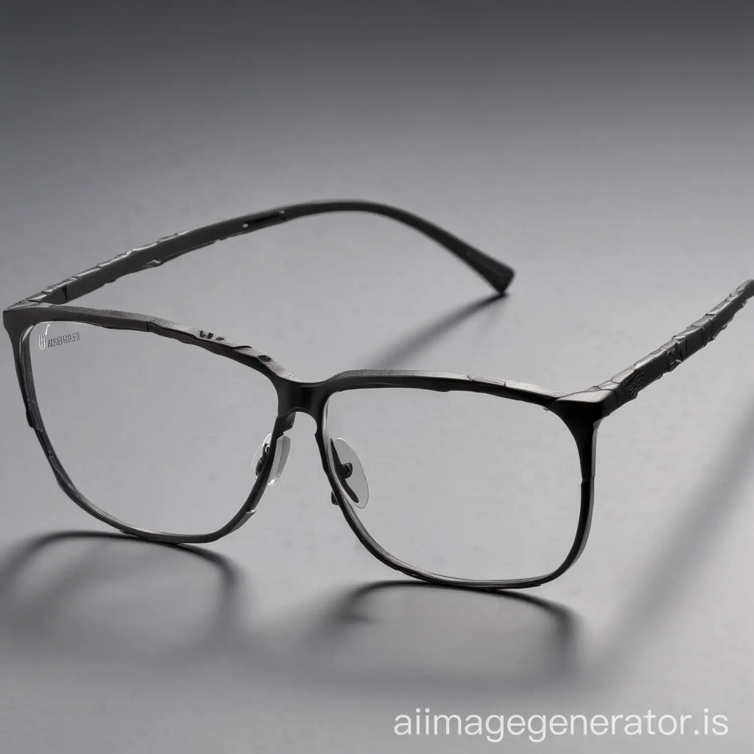 Optical lenses with ultraflexible alloy of graphene and polymer, in matte black color. Lightweight and durable design, capable of bending and returning to its original shape. Thin temples with internal dynamic structure. Neutral or moving background (like sport or intense activity) to highlight its flexibility.