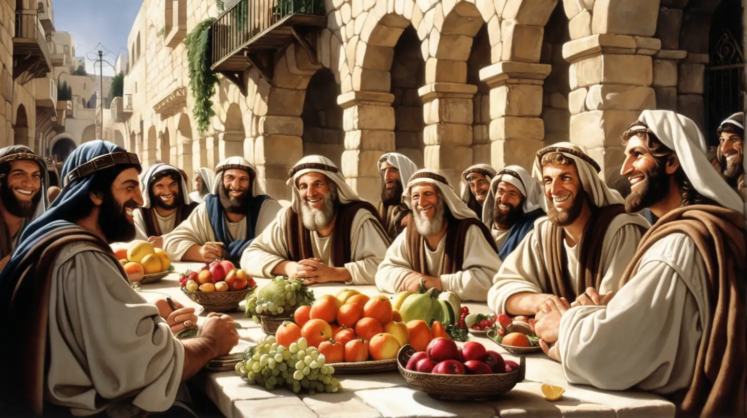 Smiling Hebrews Gathering Fruits and Vegetables in Biblical Jerusalem