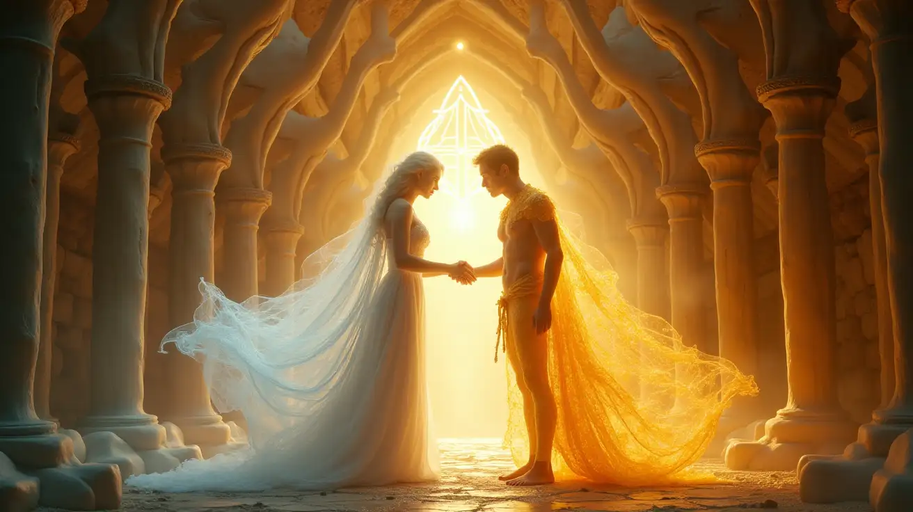 Inside a vast glowing inner temple made of bone and light, two luminous figures face one another— one female, one male, one flowing, silver, and moonlike, the other golden, fiery, and mountain-strong. They reach toward each other, hands touching, foreheads meeting, as their energies begin to merge. Between them, a radiant symbol of union forms—an abstract sigil of balance, glowing softly. The atmosphere is graceful, archetypal, and harmonious, with silver and gold light blending in a sacred dance. Cinematic, mystical.