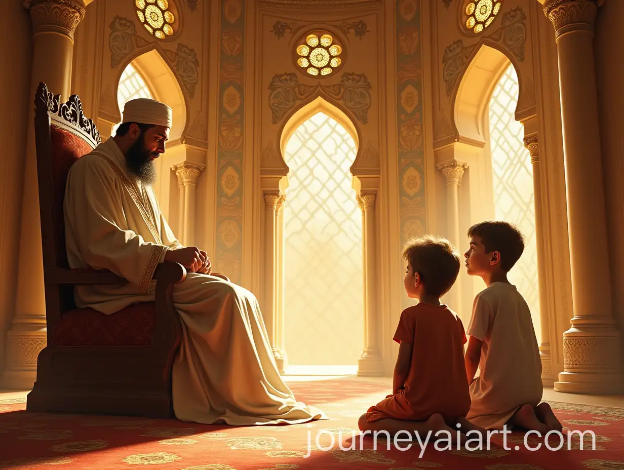 Benevolent-Ruler-in-Majestic-Islamic-Palace-with-Golden-Domes-and-Arabic-Calligraphy
