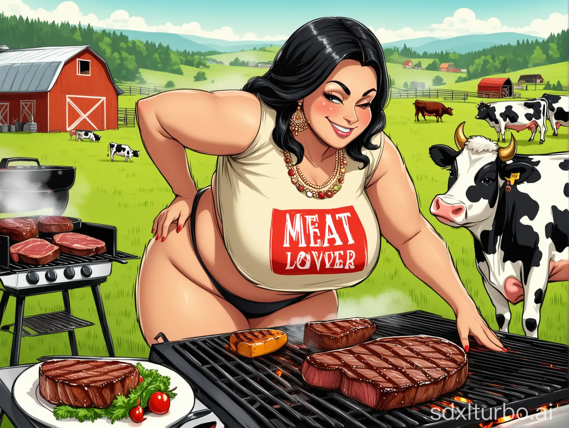 Smiling-Indian-Woman-Cooking-Steak-on-Grill-with-Grazing-Cows