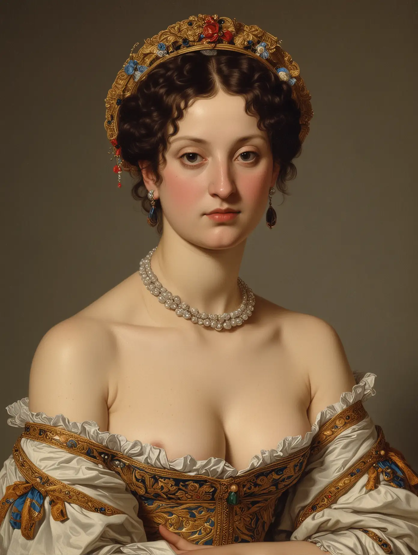 Jean Auguste Dominique Ingres::3 lady waist up portrait wearing low off the shoulder ornate attire 