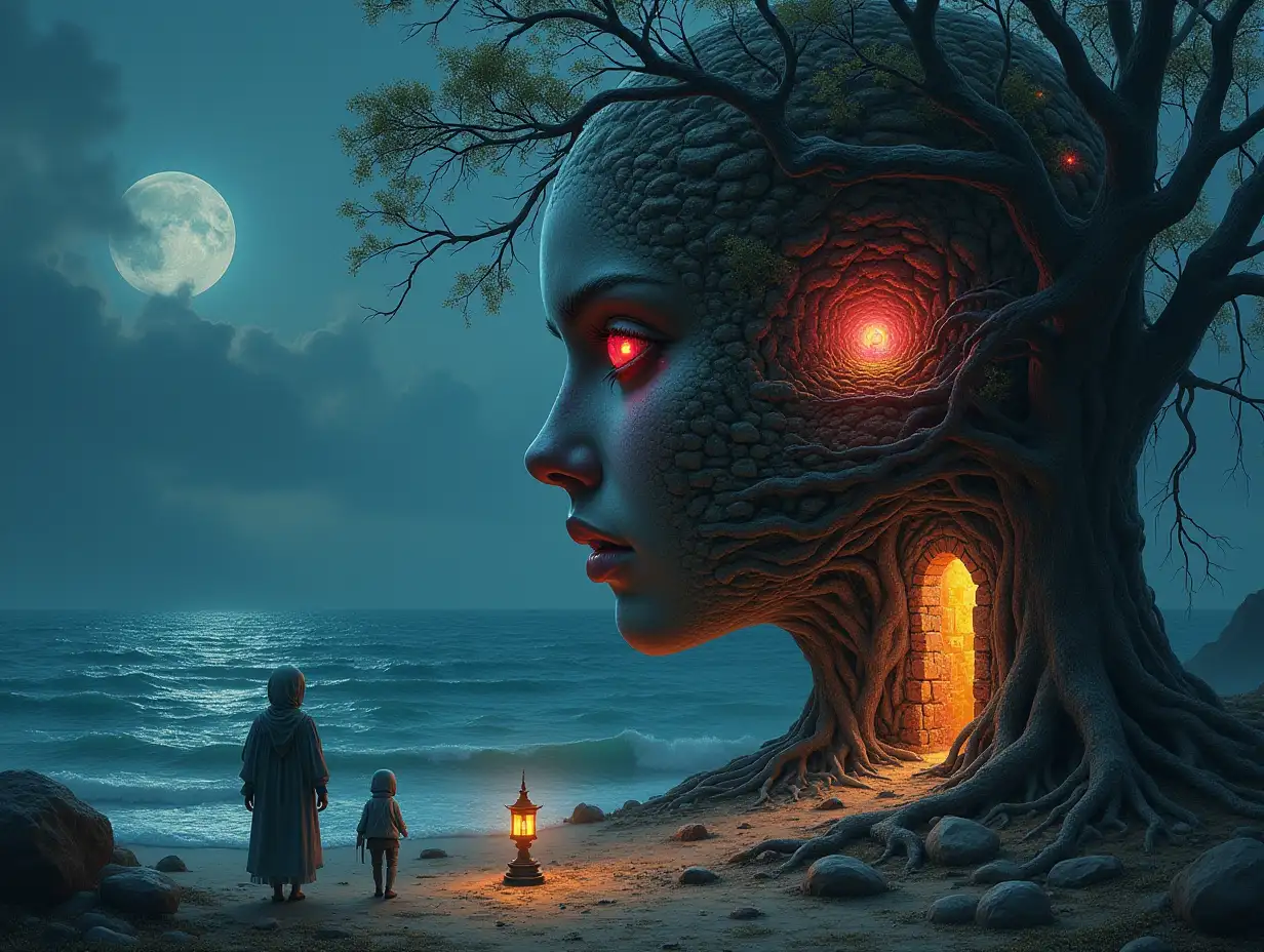 Creating a digital painting face with hair transformed into building with ruby stones and sea and Illuminated trees with roots and rocks lantern and strange people and Ghost hand