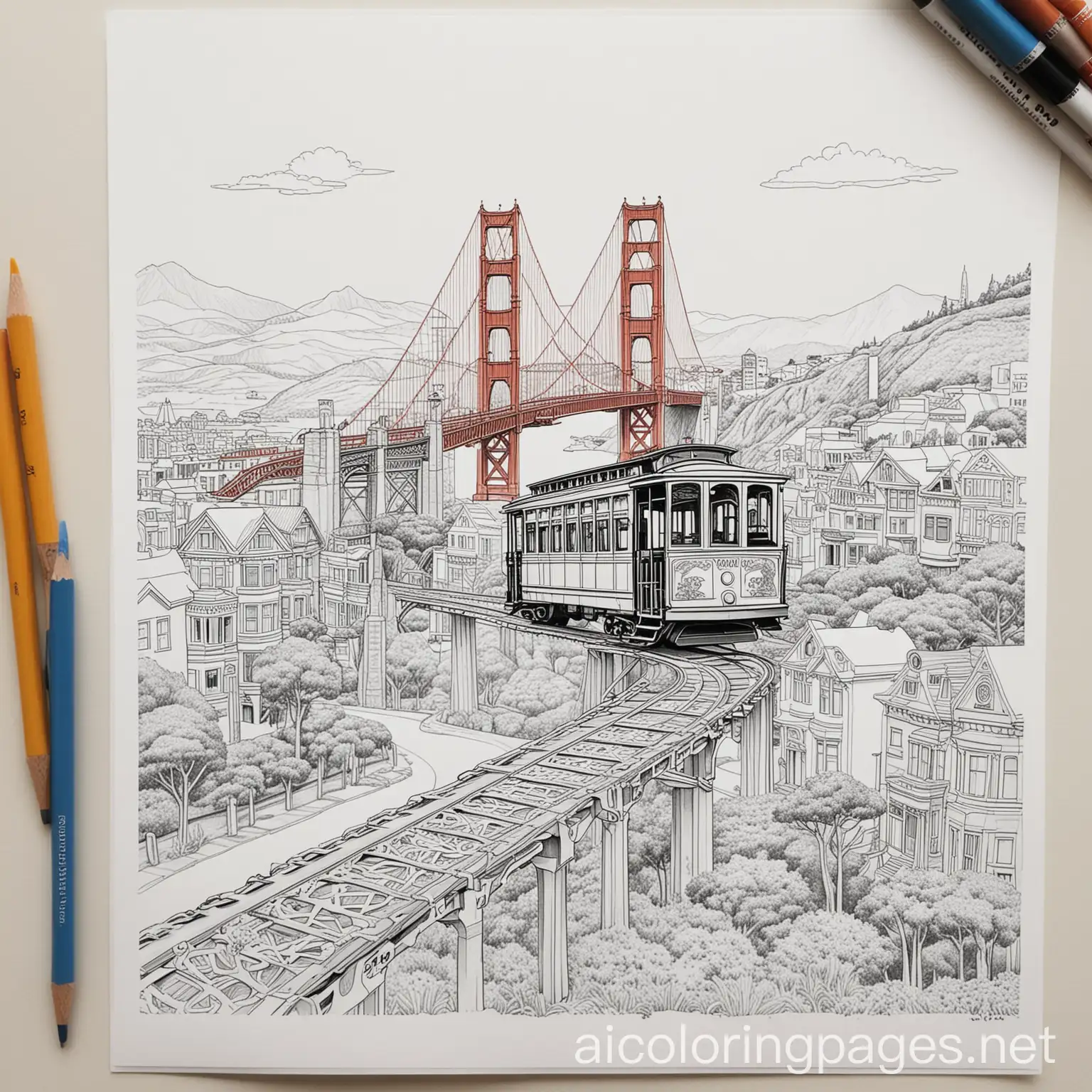 San-Francisco-Golden-Gate-Bridge-and-Painted-Ladies-Coloring-Page