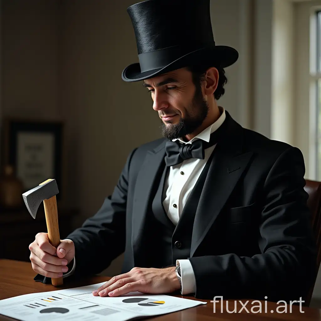 Create a realistic image of Abraham Lincoln, dressed in his traditional black suit and top hat, holding an axe, and striking a marketing report. The marketing report should have visible charts, graphs, and data, representing modern marketing analysis. The scene should be set in a professional environment, like an office, with a clean, polished look that suits the atmosphere of LinkedIn. The image should convey the seriousness and determination of Lincoln as he prepares for a strategic marketing campaign