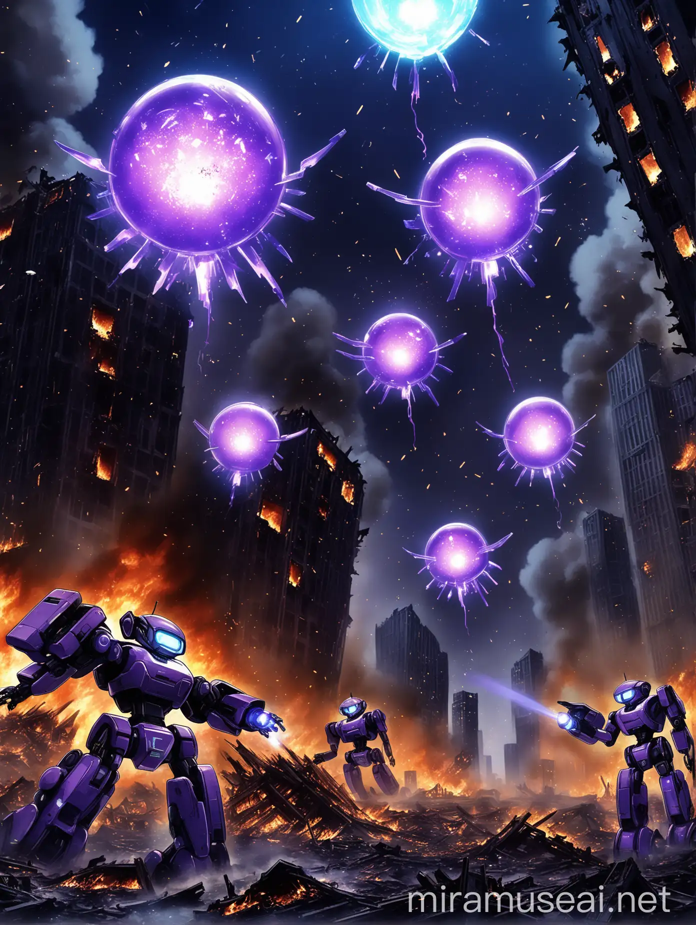 Three Futuristic Robots Hovering Over a Burning Skyscraper