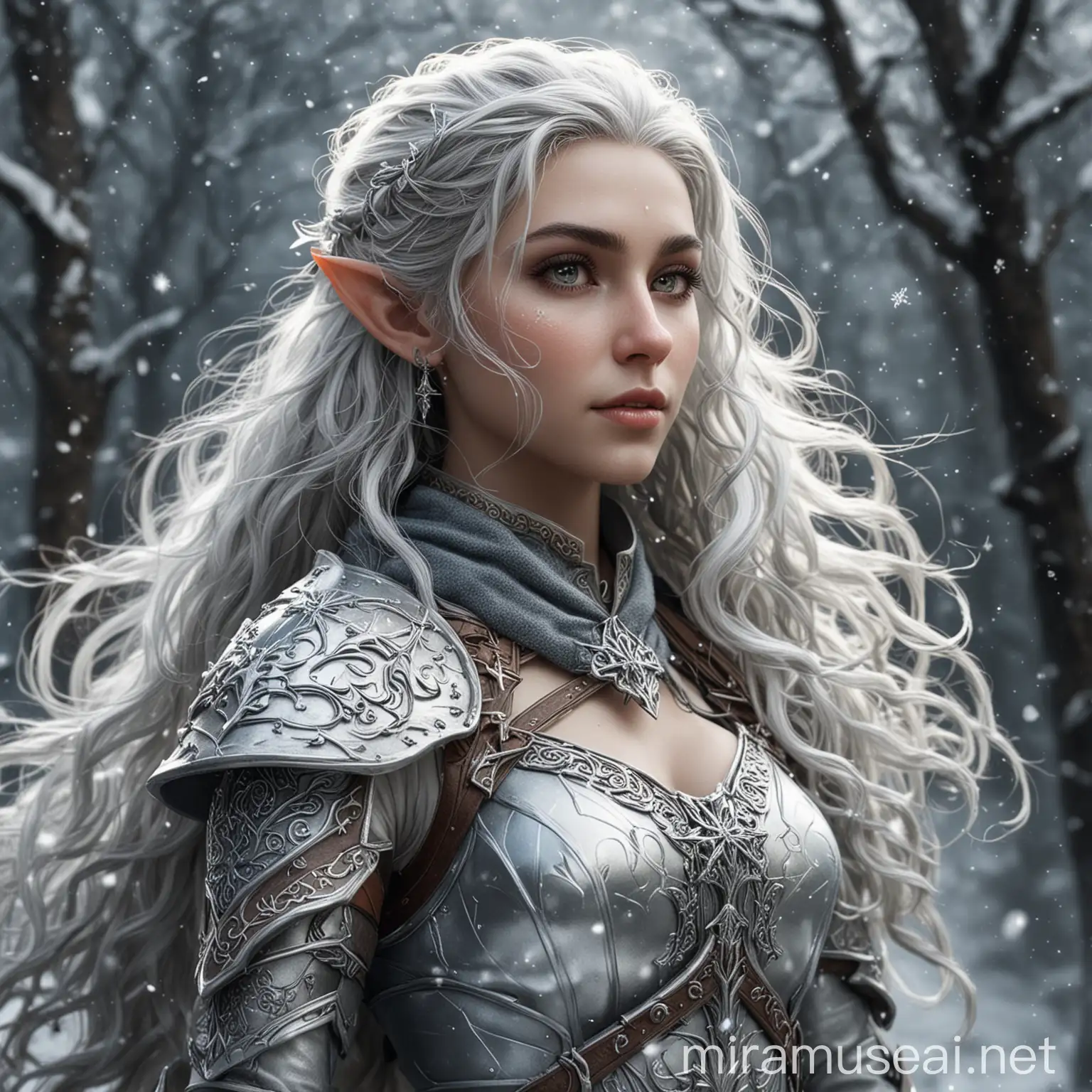 Winter Eladrin Elf Ranger with Long Silver Hair in Snowfall