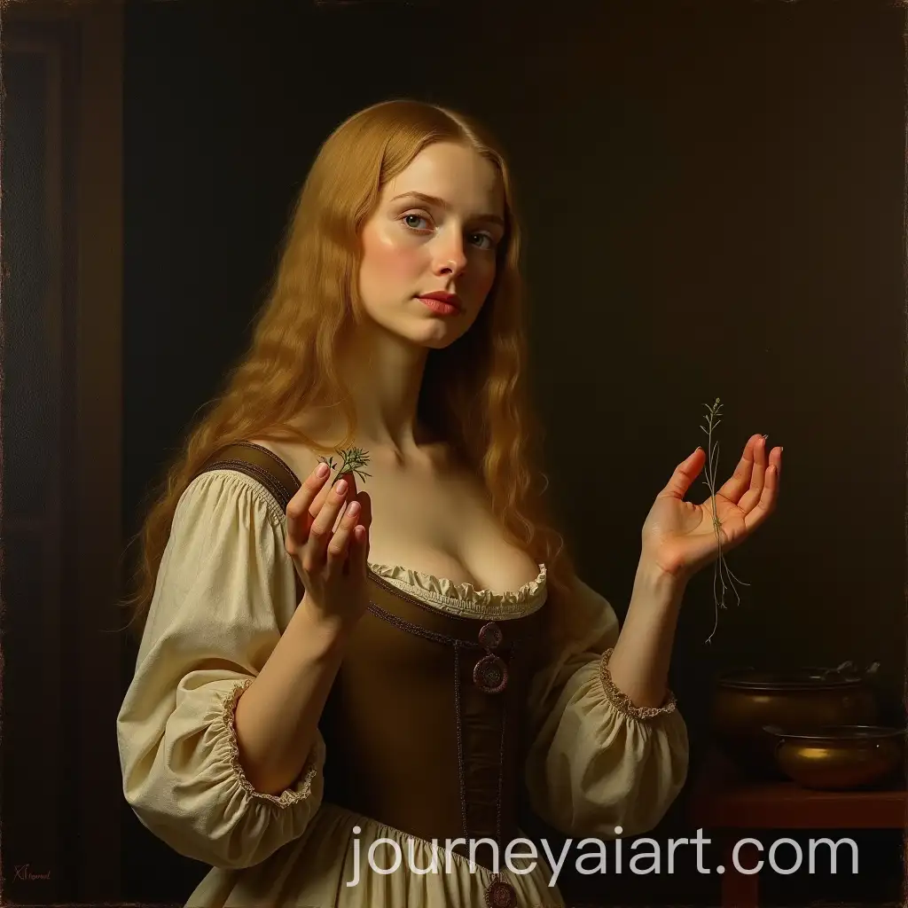 17th-Century-Woman-Holding-Herb-in-Antique-Kitchen-Rembrandt-Style-Oil-Painting