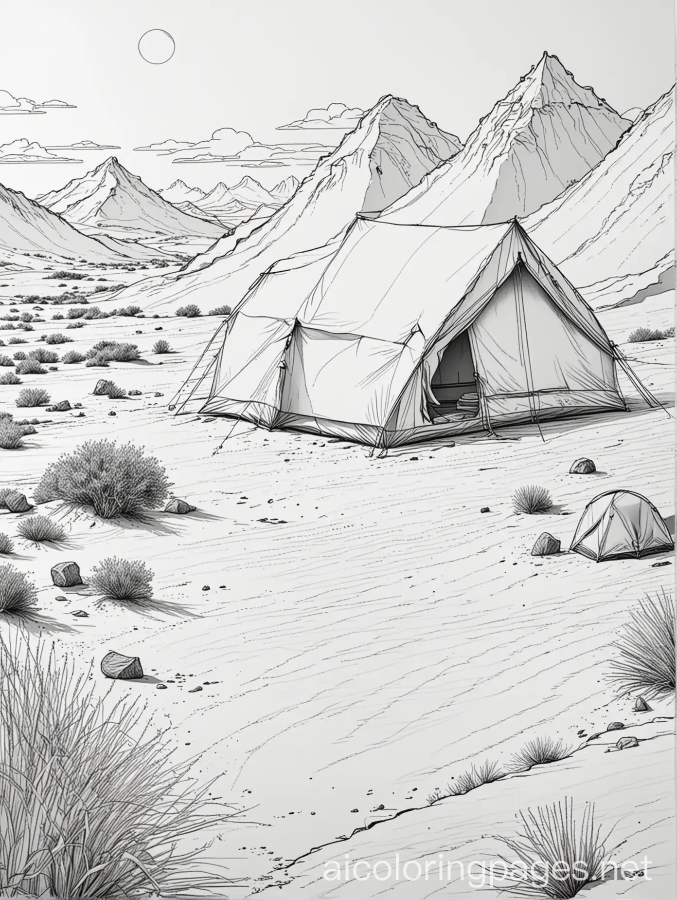 close up detailed outline drawing coloring page of a large tent and camping items set up in the desert with sand dunes in the distance , Coloring Page, black and white, line art, white background, Simplicity, Ample White Space. The background of the coloring page is plain white to make it easy for young children to color within the lines. The outlines of all the subjects are easy to distinguish, making it simple for kids to color without too much difficulty