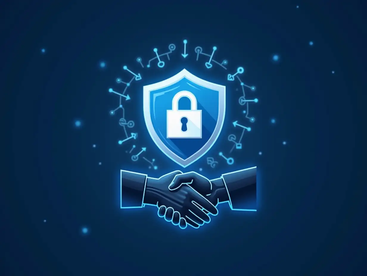 Create an image symbolizing the guarantee service - a safe way to conduct deals. Main idea: Reliability, safety, protection of buyers and sellers. Elements: Shield with lock or checkmark, symbolizing protection. Handshake, sign of trust between two parties. Financial element: money, digital wallet or payment document. Digital background with thin lines or abstract connections, creating a technical atmosphere. Color palette: blue, silver, white (associated with reliability). Image style: minimalist, modern, with an emphasis on fintech and digital services.