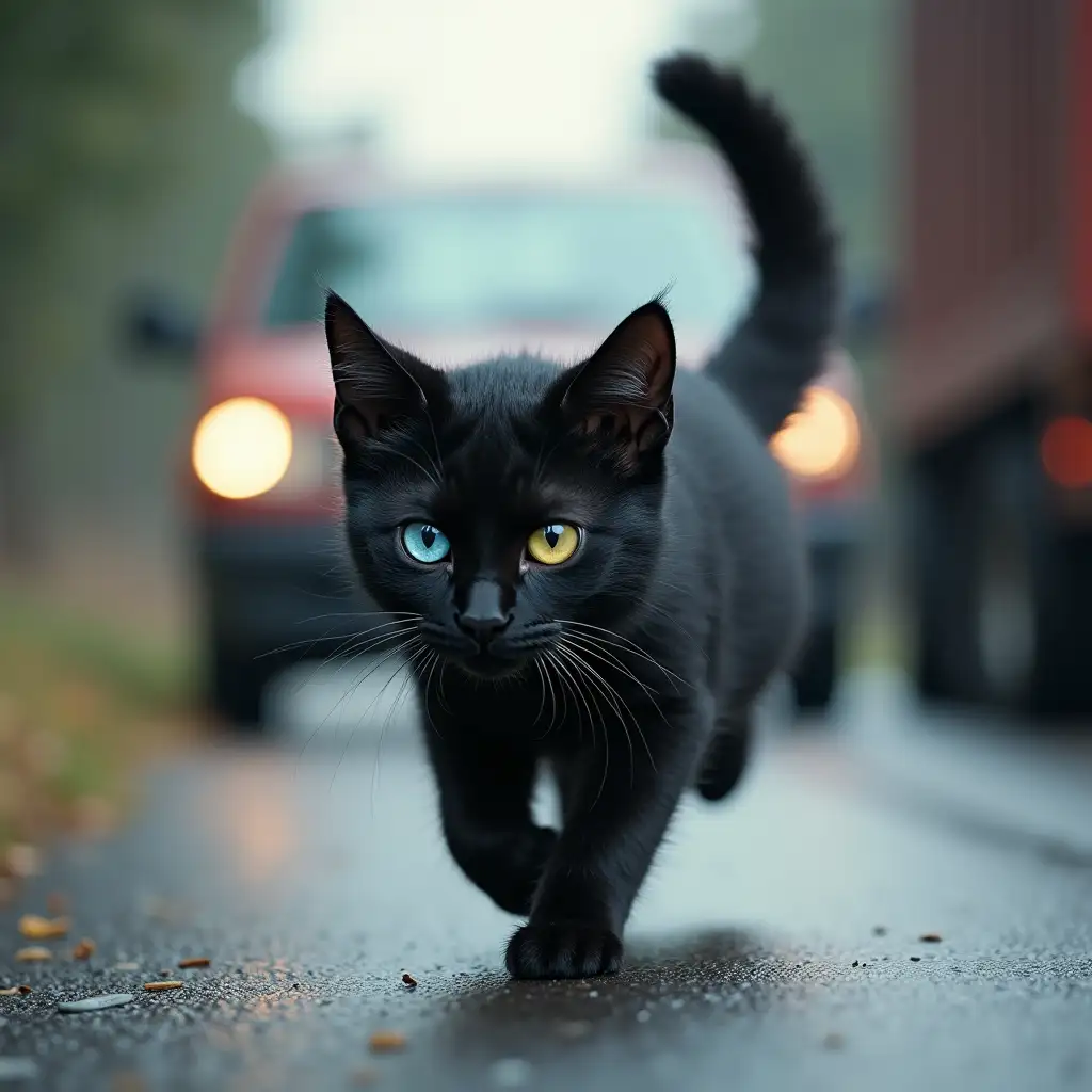 Black Cat, one eye blue, the other yellow, runs away in terror along the road from a car, behind a truck hit a Zhiguli