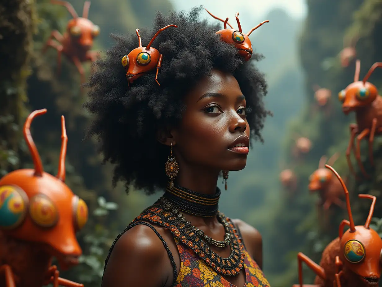 Ultra-detailed hyperrealistic portrait of a black woman with an ant head, full-body hair in a place with various strange creatures with intricately detailed, colorful