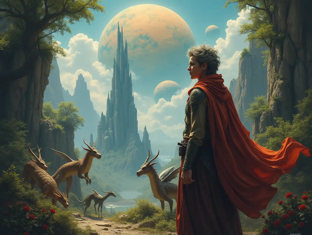 Detailed life-like reproduction portrait of a multiverse time traveler with various strange creatures and futuristic glass towers, dragons in front of an intricately detailed, forested alien planet.