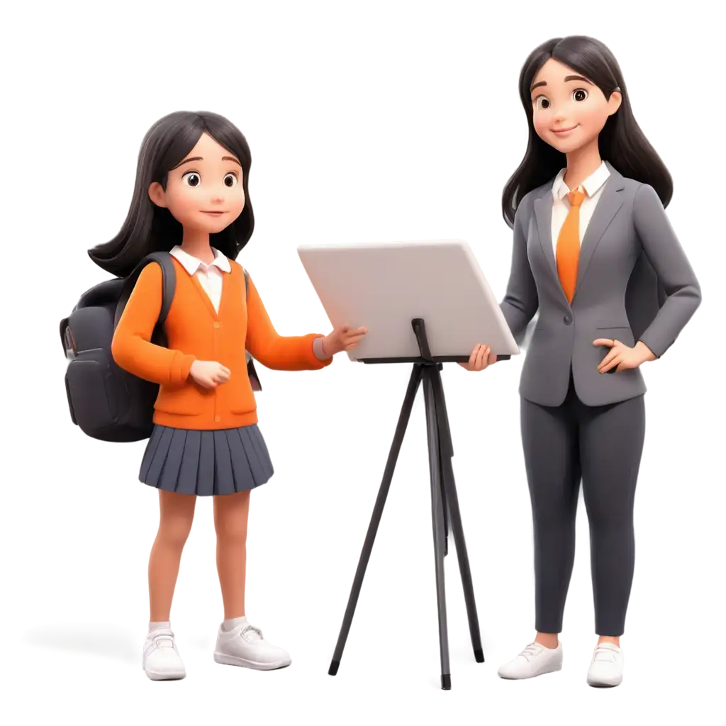 Cartoon-Student-Girl-in-Orange-School-Uniform-Reading-with-Teacher-and-Smart-Board-PNG-Image