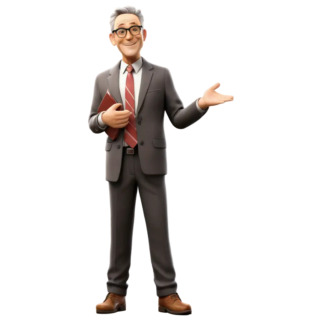 Create a 3D cartoon image for me. A teacher aged 56, with a smile and glasses, is standing in front of the class, explaining to his/her students