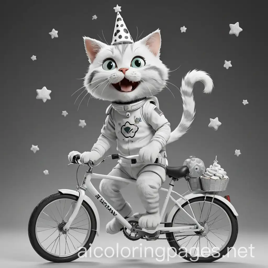 Cat-Riding-Bicycle-in-Space-with-Birthday-Cake-Coloring-Page