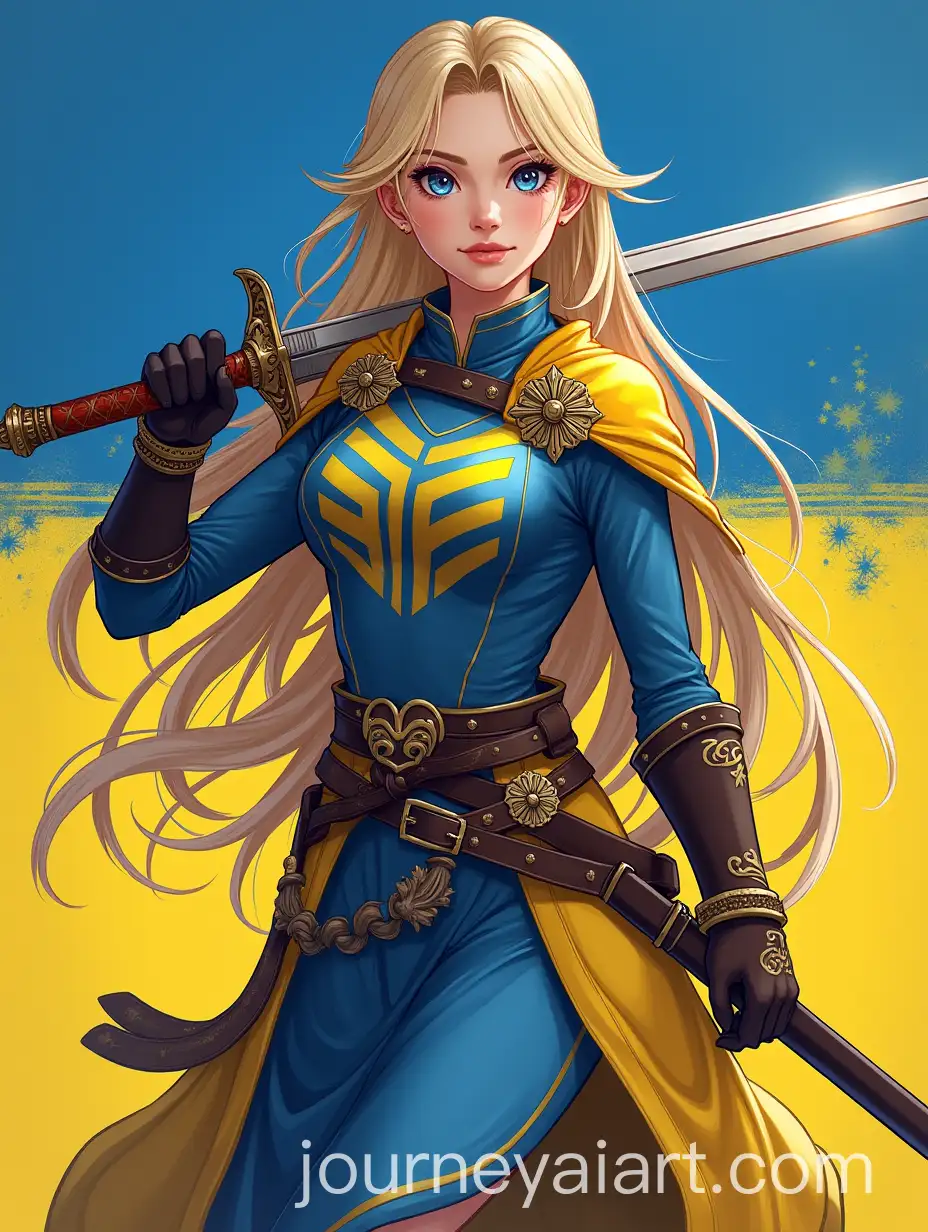 Warrior-Girl-with-Sword-in-Gacha-Style-Featuring-Ukrainian-Chevrons-Against-Ukrainian-Flag-Background