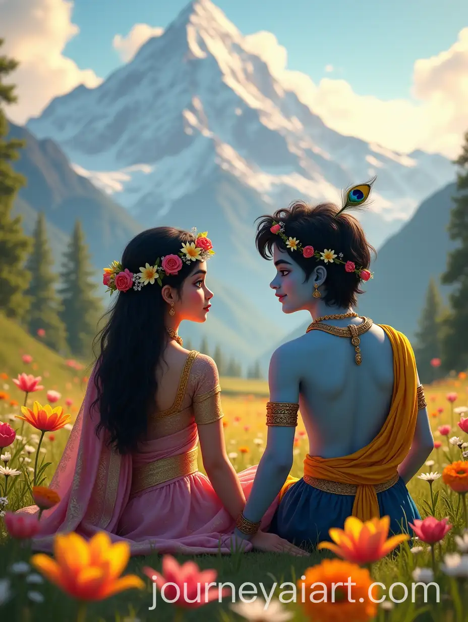 Teen-Radha-and-Krishna-in-a-Serene-Field-with-Mount-Everest-in-the-Background