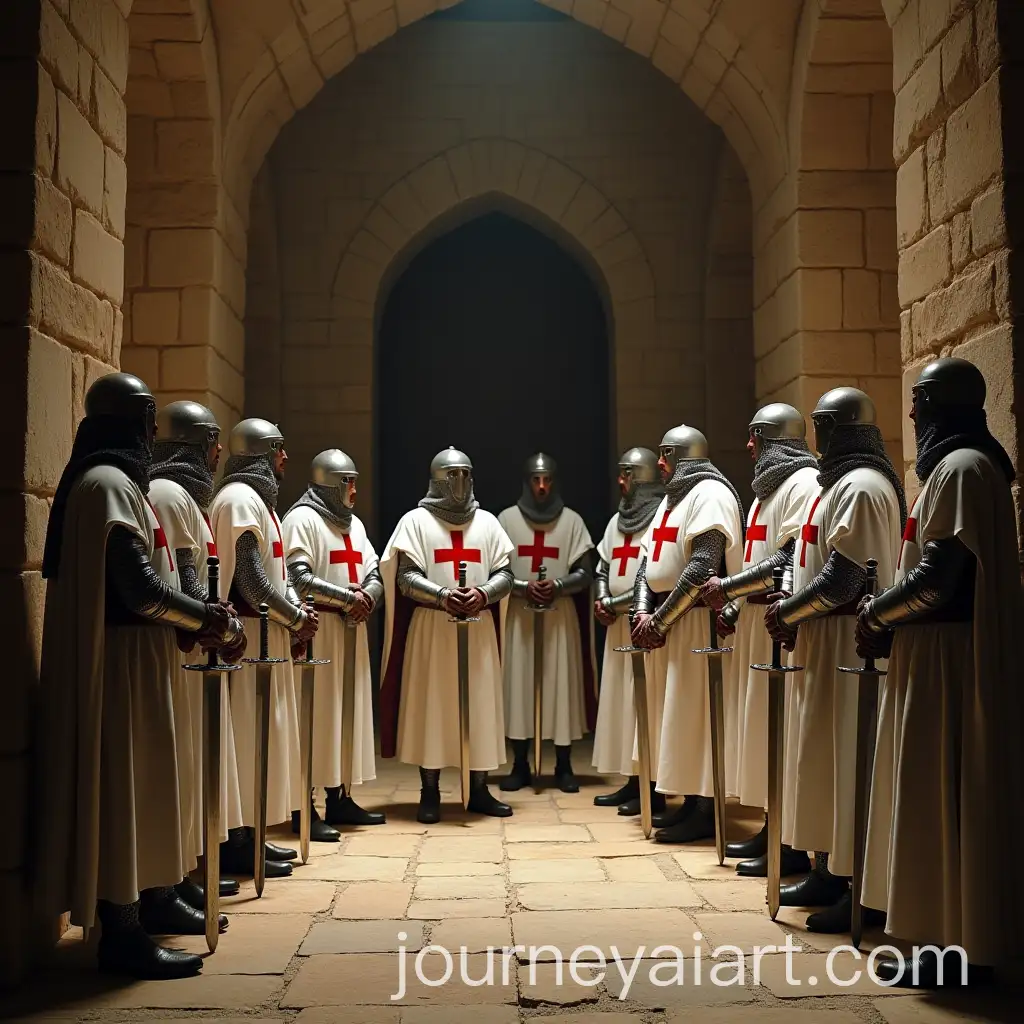 Nine-Medieval-Knights-in-White-Tunics-with-Red-Crosses-in-the-Temple-of-Solomon