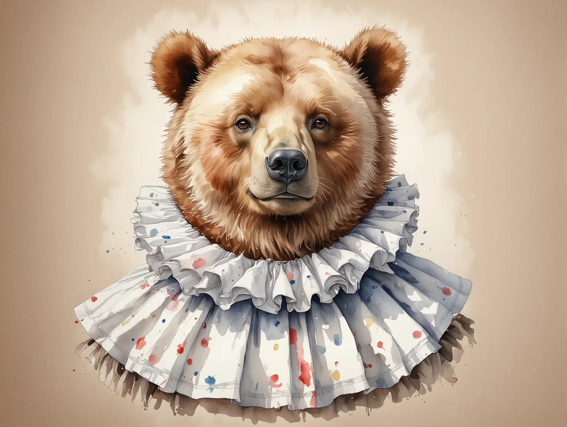 Bear-in-Puffy-Pierrot-Collar-Watercolor-Drawing-with-Detailed-Sketch