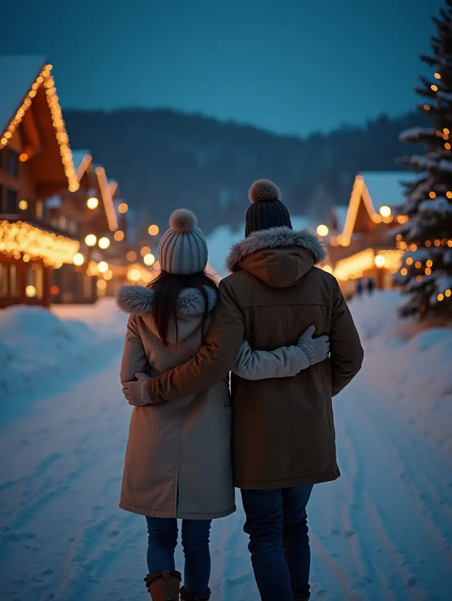 a full-length, long shot from my perspective capturing a girl and me walking side by side under twinkling resort lights, our figures united in a quiet embrace of warmth amid a vast winter night; from a distance, her profile reveals a gentle smile and relaxed eyes conveying cautious hope (expression:1.1); her hair, neatly kept under a cozy beanie with occasional stray locks catching the light, and minimal hoop earrings add delicate detail; dressed in an elegant oversized coat with layered winter wear showcasing subtle textures and hints of color; the composition layers the crisp texture of fresh snow in the foreground with clear footprints, our intertwined silhouettes in the midground, and an expansive background of an illuminated lodge and distant snow-draped pines under a luminous sky; the warm indoor glow contrasts with the cool, clear night, imbuing the scene with a cinematic, almost magical quality; experienced from my first-person viewpoint as we journey together into the night, --ar 16:9, --hd, --v 5, --c 20, soft, cinematic lighting, dreamlike, surrealism, fantasy, nice hands, perfect hands, 8k, Best quality